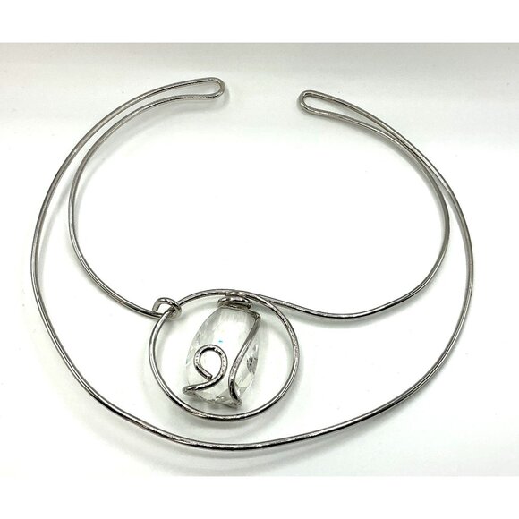 Silver Tone Wire Wrap Choker Necklace With Clear Crystal Pendant - Picture 1 of 6